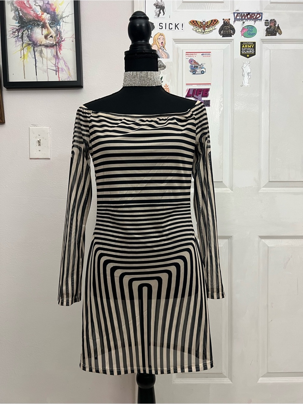 Sheer Striped Black & White Long Sleeve Bodycon Dress